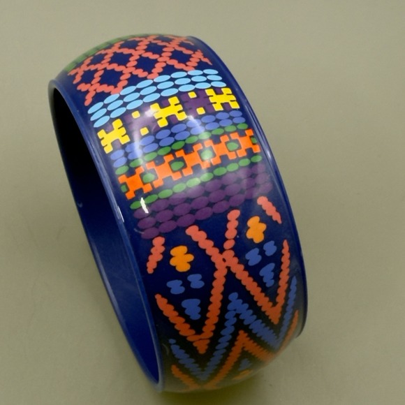 Boho Babes Jewels Jewelry - Bangle Bracelet Blue Plastic Geometric Tribal Print Multicolored Wide Slip On